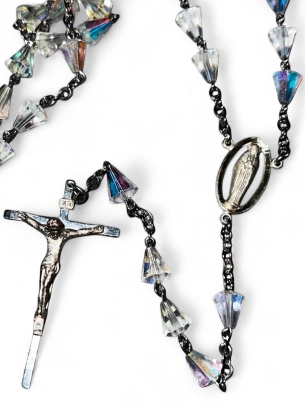 Vintage AB Iridescent Cut Crystal Bicone Silver Rosary Rosaries Necklace 30” - Picture 3 of 13